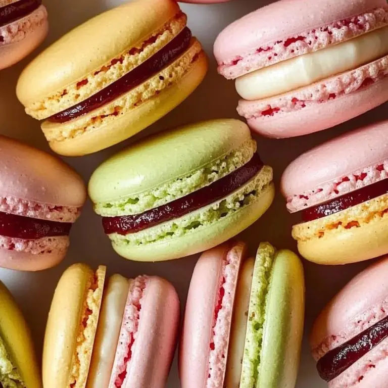 Freshly baked French macarons in various colors on a baking tray.