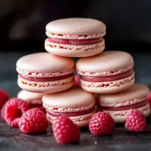 Plate of homemade raspberry macarons with vibrant pink filling