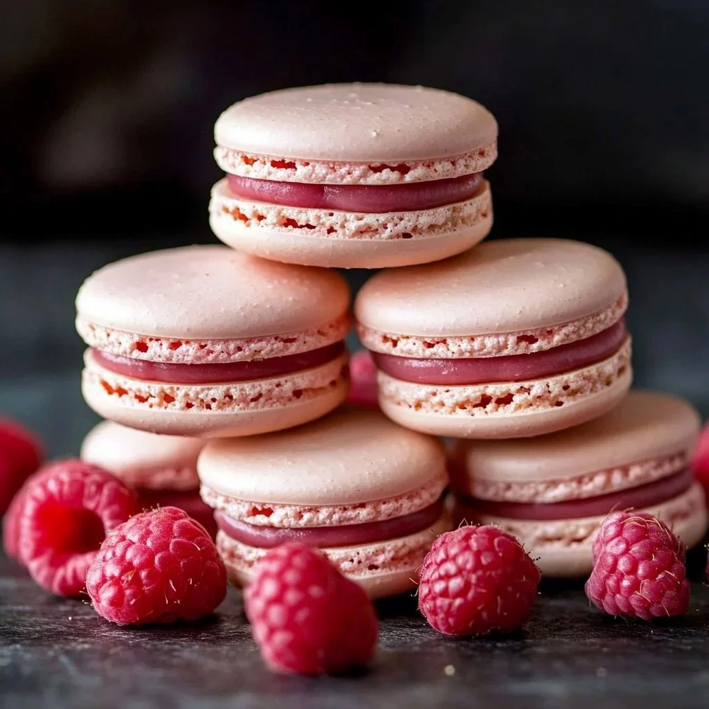 Plate of homemade raspberry macarons with vibrant pink filling