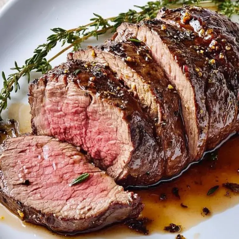 Indulgent beef tenderloin served with garnishes for a flavorful meal