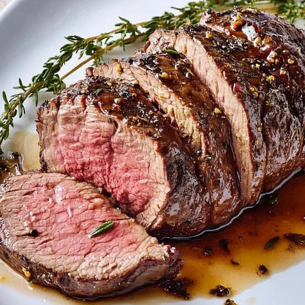 Indulgent beef tenderloin served with garnishes for a flavorful meal