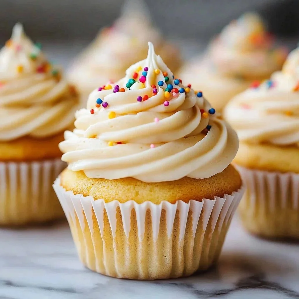 Delicious homemade vanilla cupcakes with creamy frosting on a plate.