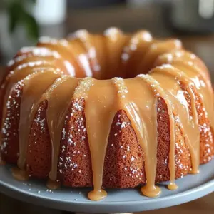 Kentucky Butter Cake topped with salted caramel sauce on a decorative plate
