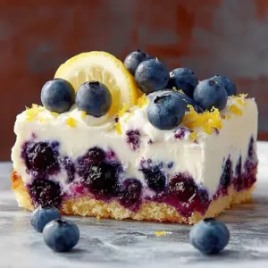 Delicious lemon blueberry poke cake with fresh blueberries and lemon glaze