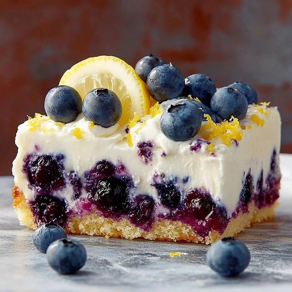 Delicious lemon blueberry poke cake with fresh blueberries and lemon glaze