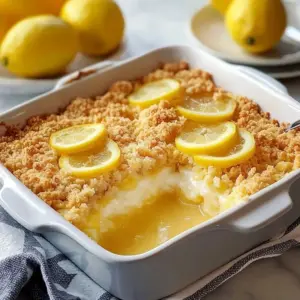 Lemon Cream Cheese Dump Cake topped with fresh lemon slices