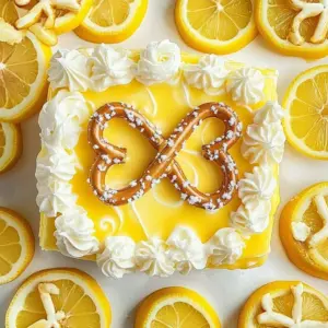 Slice of Lemon Pretzel Cheesecake topped with lemon zest