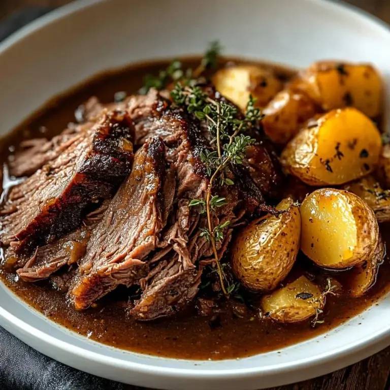 Meltingly tender slow cooker pot roast served with vegetables on a plate