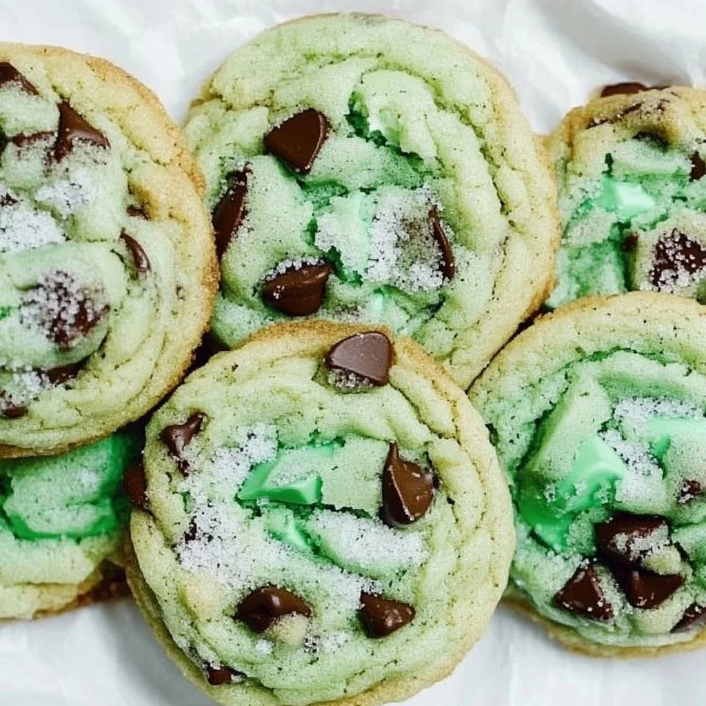 Freshly baked Mint Chocolate Chip Cookies on a cooling rack.