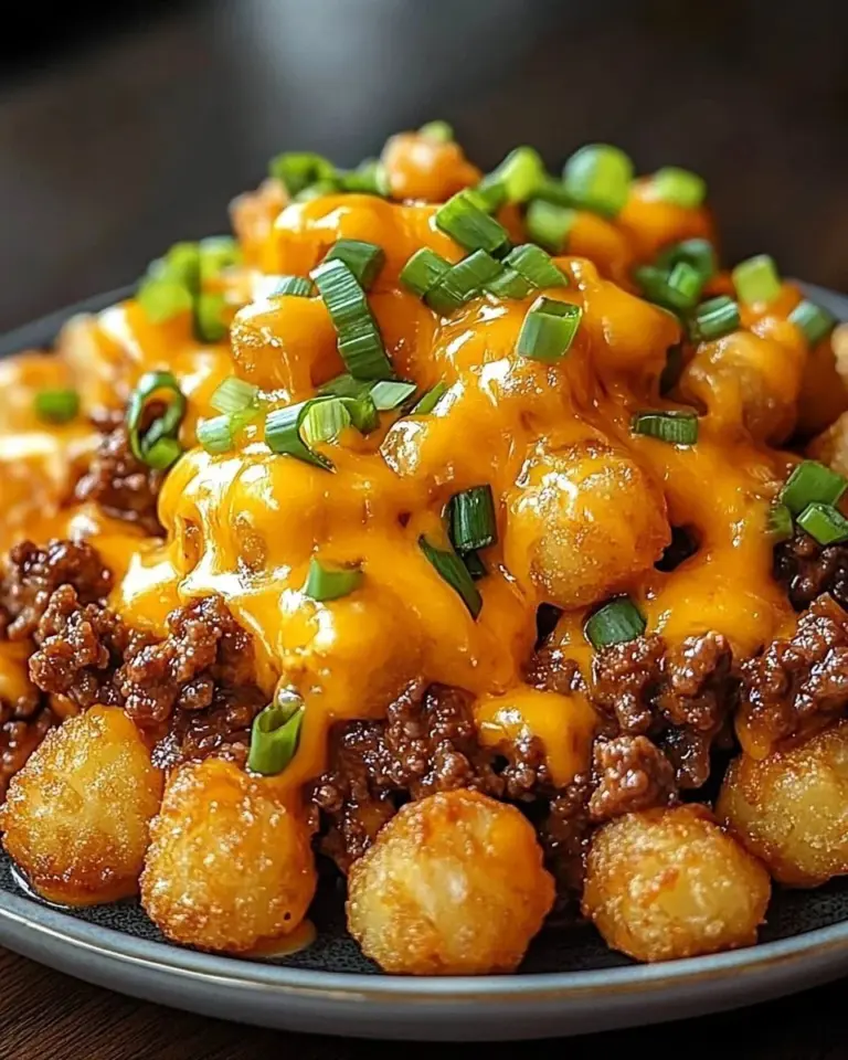 One Pan Cheeseburger Pasta with Tots in a serving dish