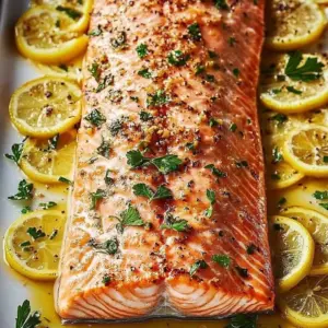 Delicious oven-baked salmon with herbs and lemon, ready to serve.