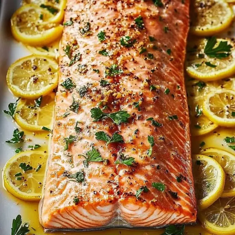 Delicious oven-baked salmon with herbs and lemon, ready to serve.
