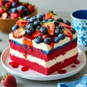Patriotic 4th of July Poke Cake decorated with red, white, and blue frosting