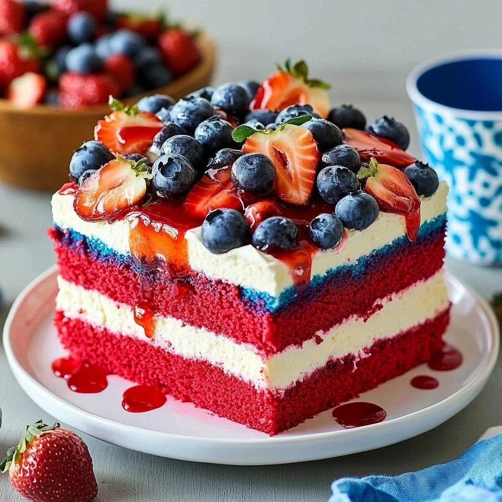Patriotic 4th of July Poke Cake decorated with red, white, and blue frosting