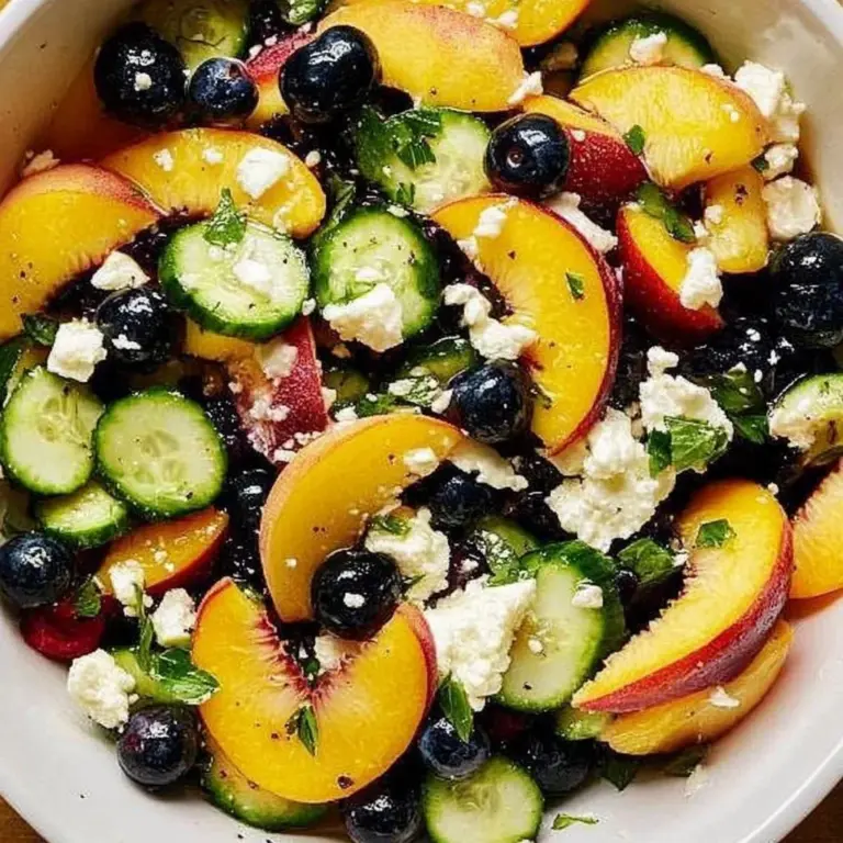Refreshing Peachy Blueberry Feta Salad with peaches, blueberries, and feta cheese