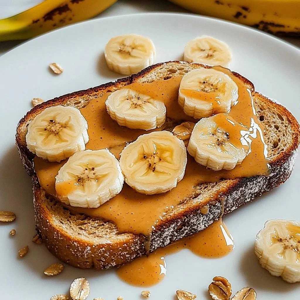 Peanut butter banana toast topped with sliced bananas on whole grain bread