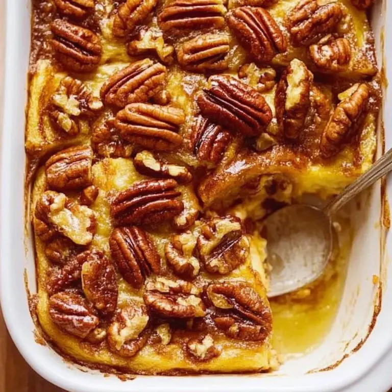Delicious Pecan Pie French Toast Bake topped with pecan and caramel drizzle.