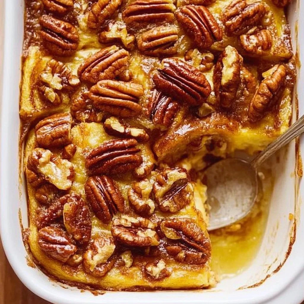 Delicious Pecan Pie French Toast Bake topped with pecan and caramel drizzle.