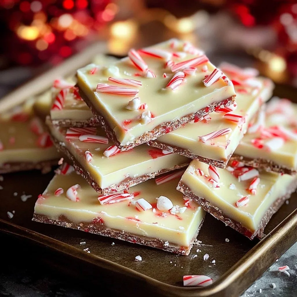 Homemade peppermint chocolate bark with festive toppings in a decorative setting