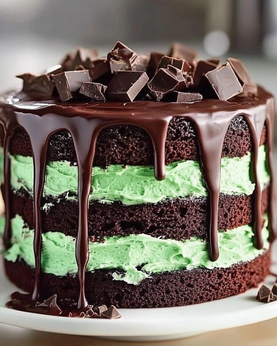 Delicious peppermint chocolate layered cake topped with mint leaves