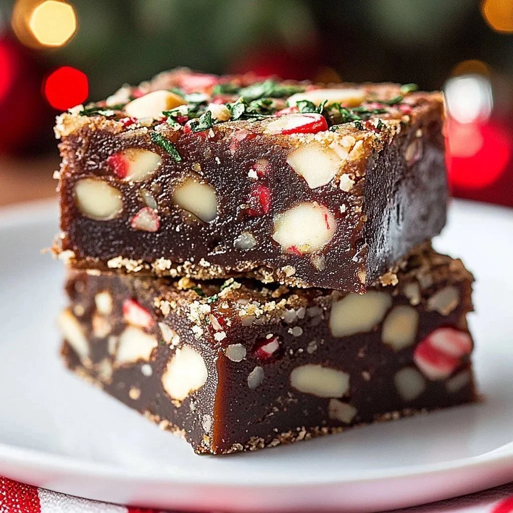 Peppermint Chocolate Macadamia Cookie Bars on a wooden table