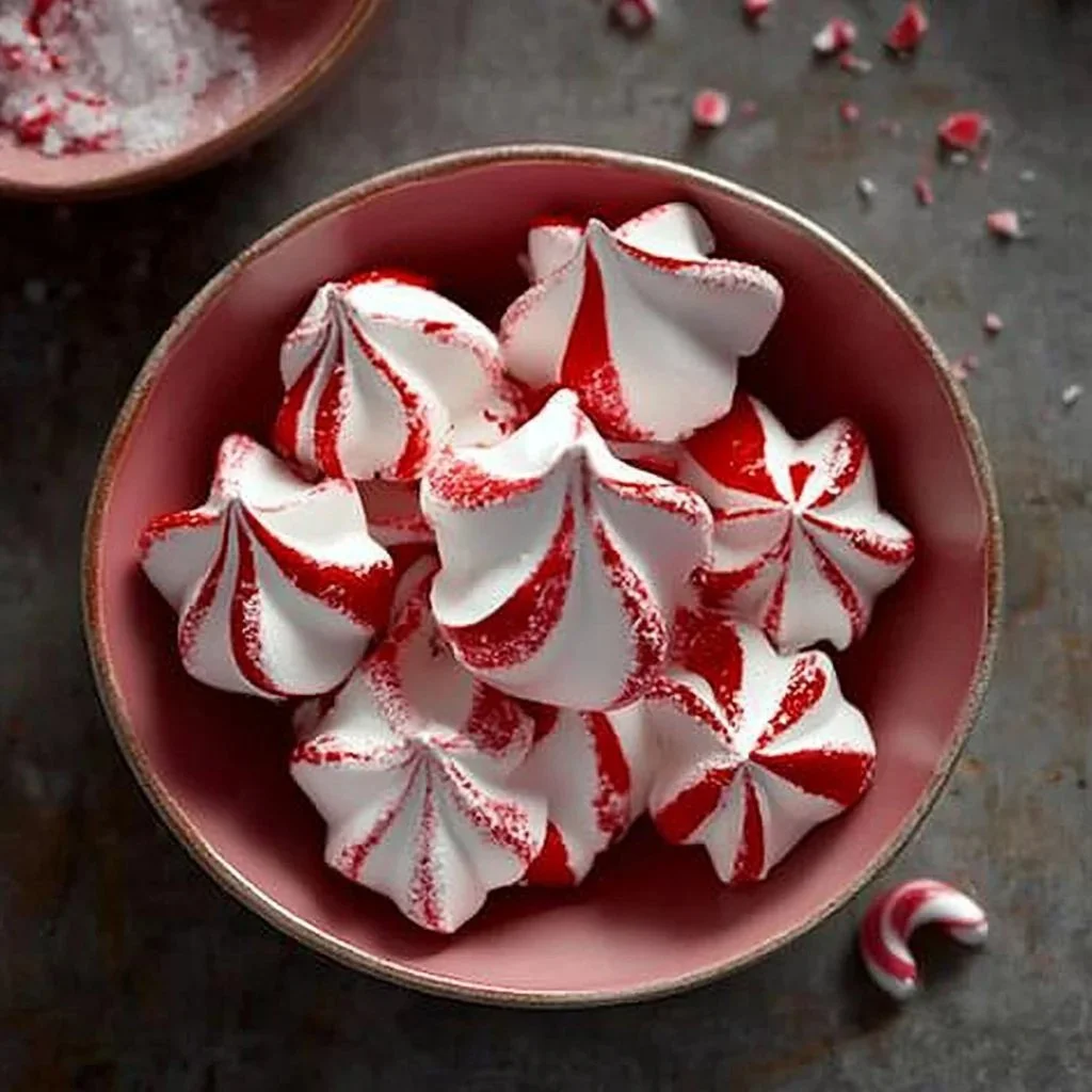 Peppermint meringue delights arranged on a festive plate