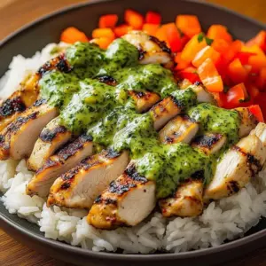 Plate of Peruvian chicken with vibrant green sauce garnished with herbs.