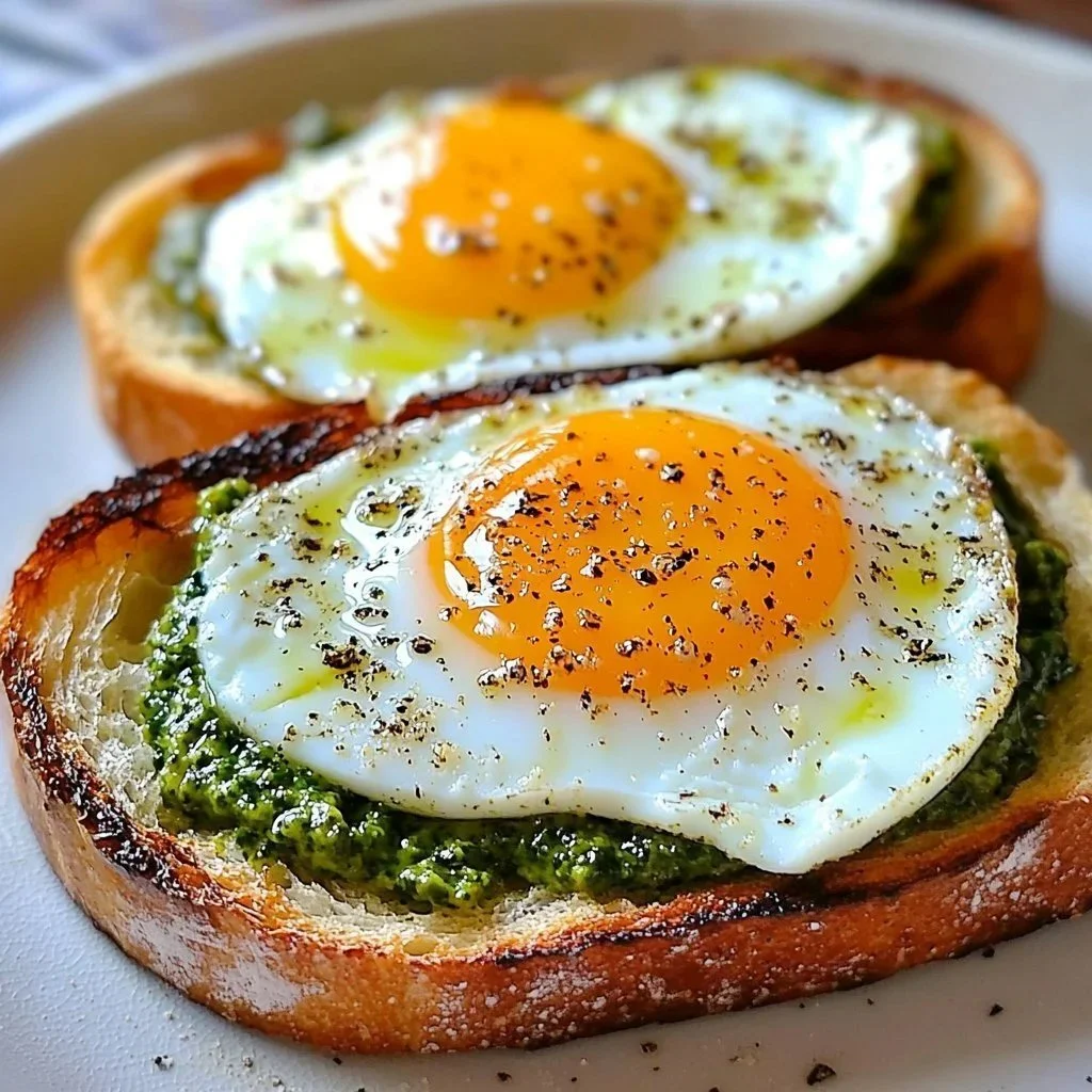Pesto fried eggs garnished with toppings for a colorful breakfast dish