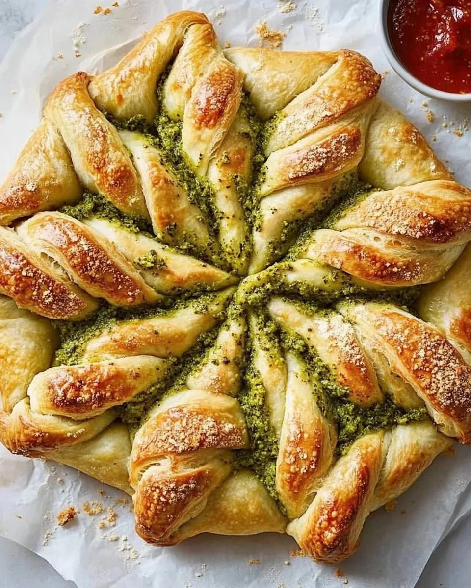 Pesto Pizza Star Bread decorated with basil and cheese