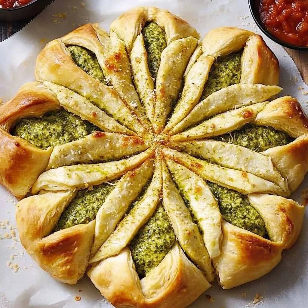 Pesto pizza stuffed star bread fresh out of the oven