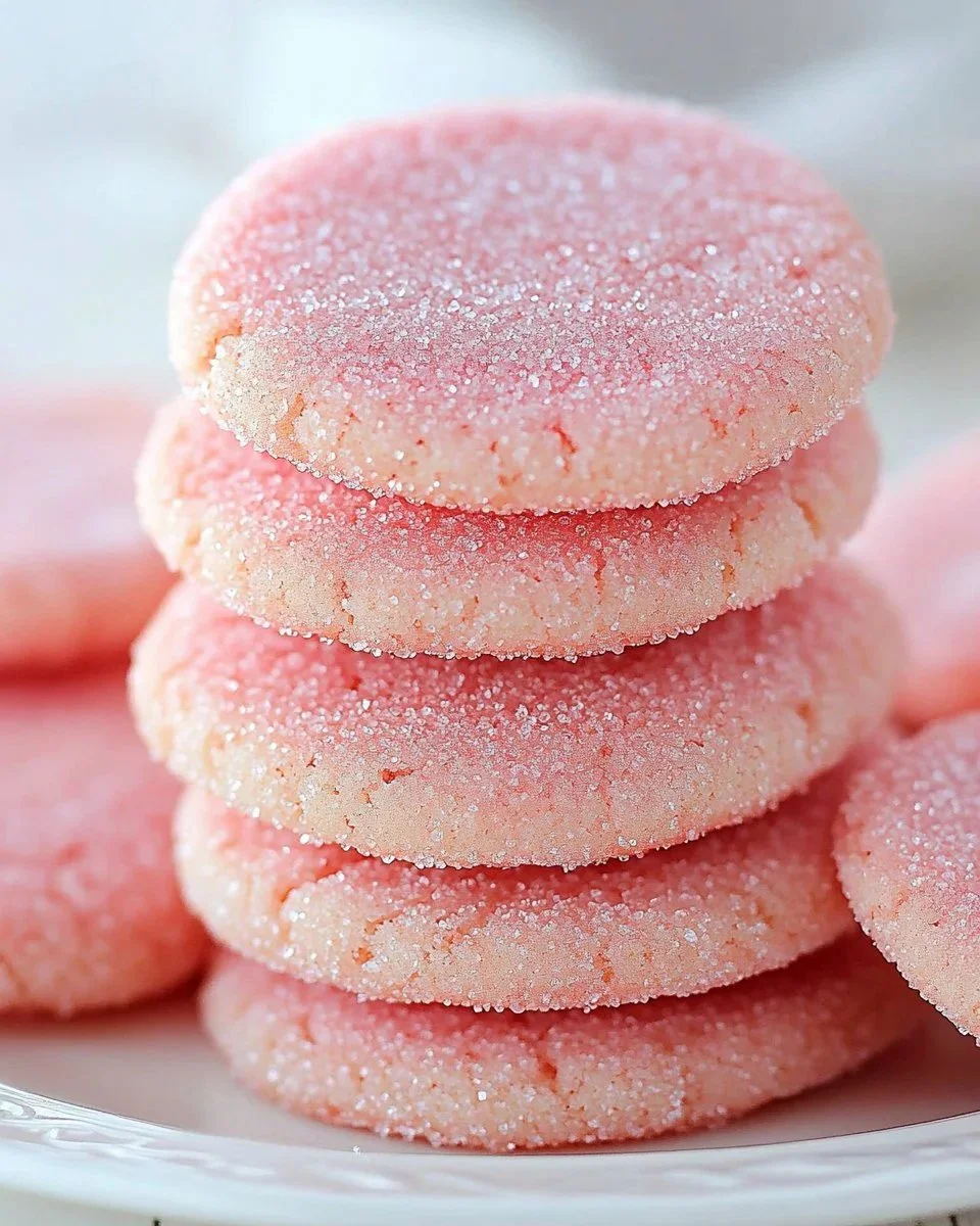 Pink Mexican shortbread cookies arranged on a plate, decorated with colorful sprinkles