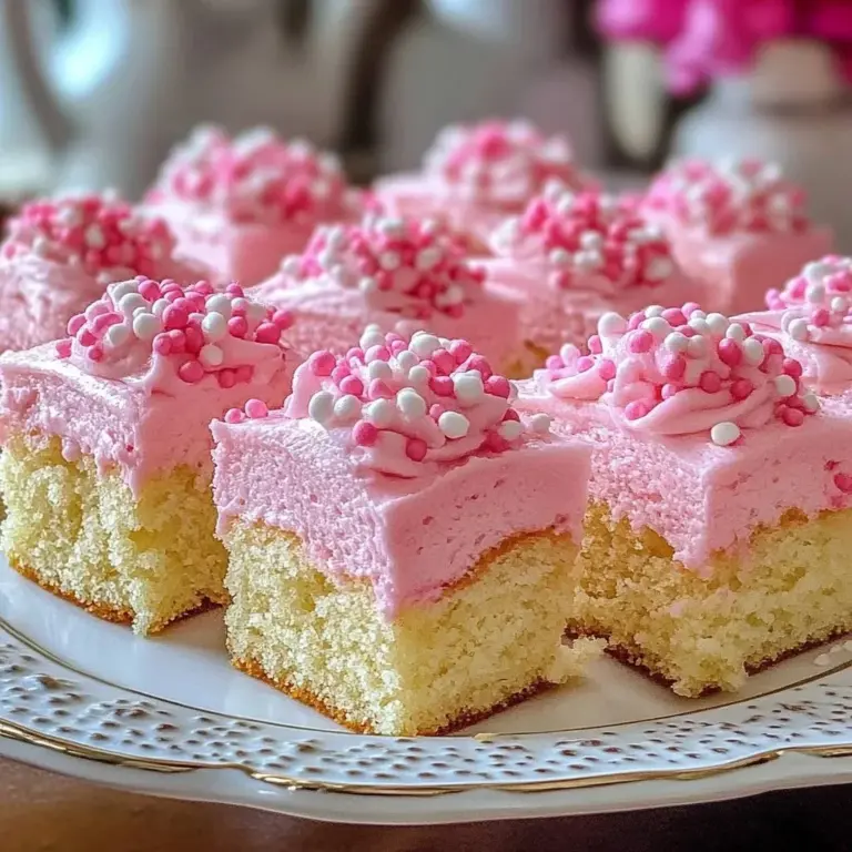 Delicious pink vanilla cake squares served on a plate, garnished with sprinkles.