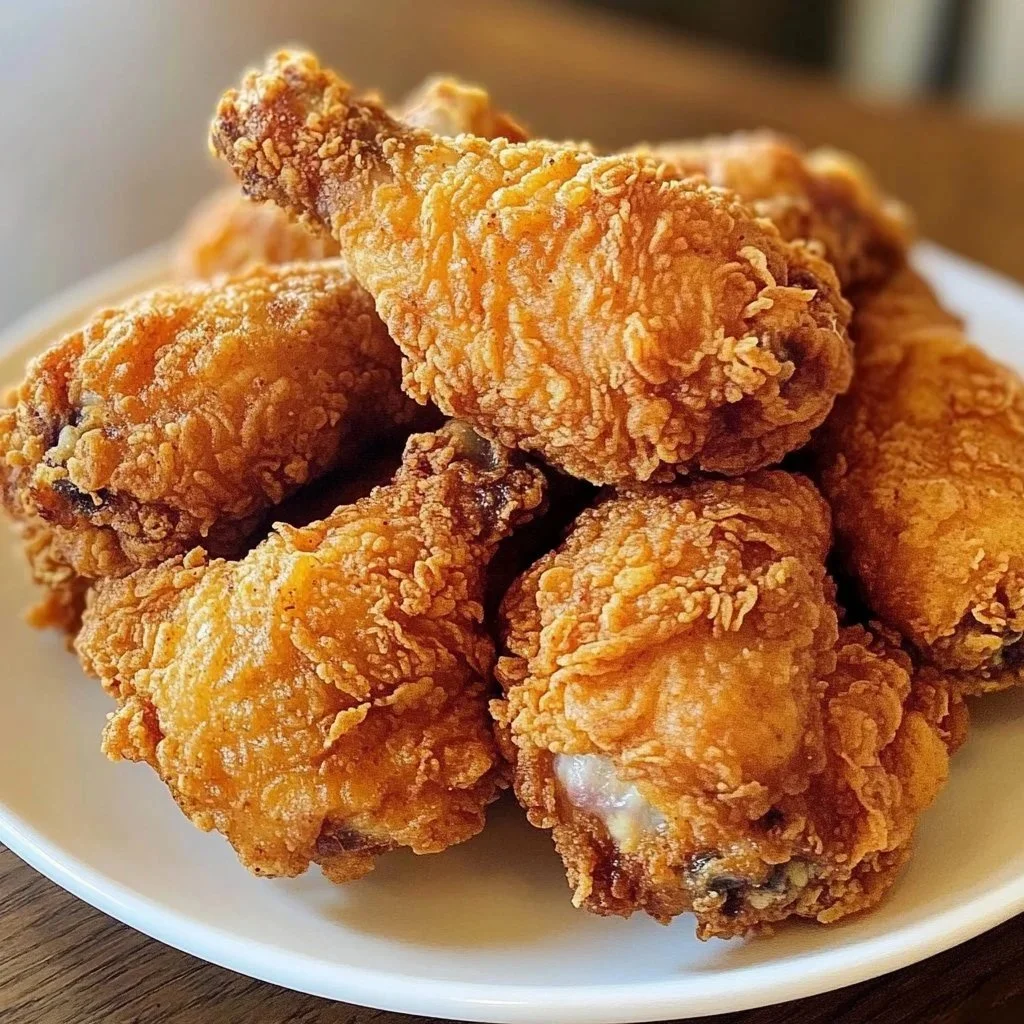 Plate of homemade Popeye's copycat fried chicken with golden crispy crust