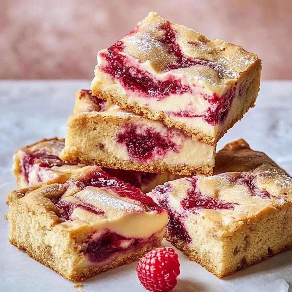 Delicious Raspberry Cream Cheese Blondies topped with fresh raspberries