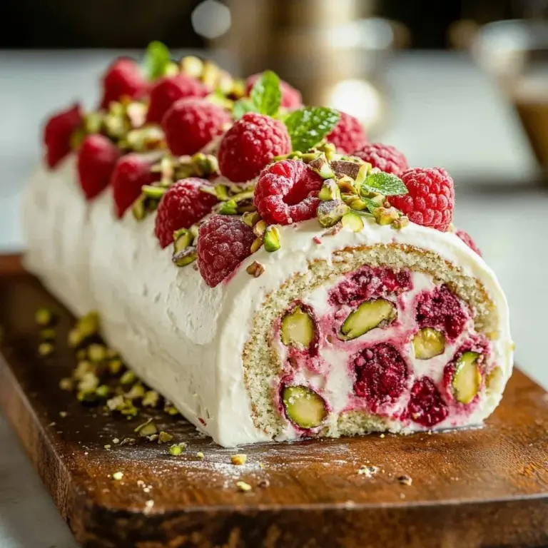 Delicious Raspberry Pistachio Swiss Roll garnished with fresh raspberries and pistachios.