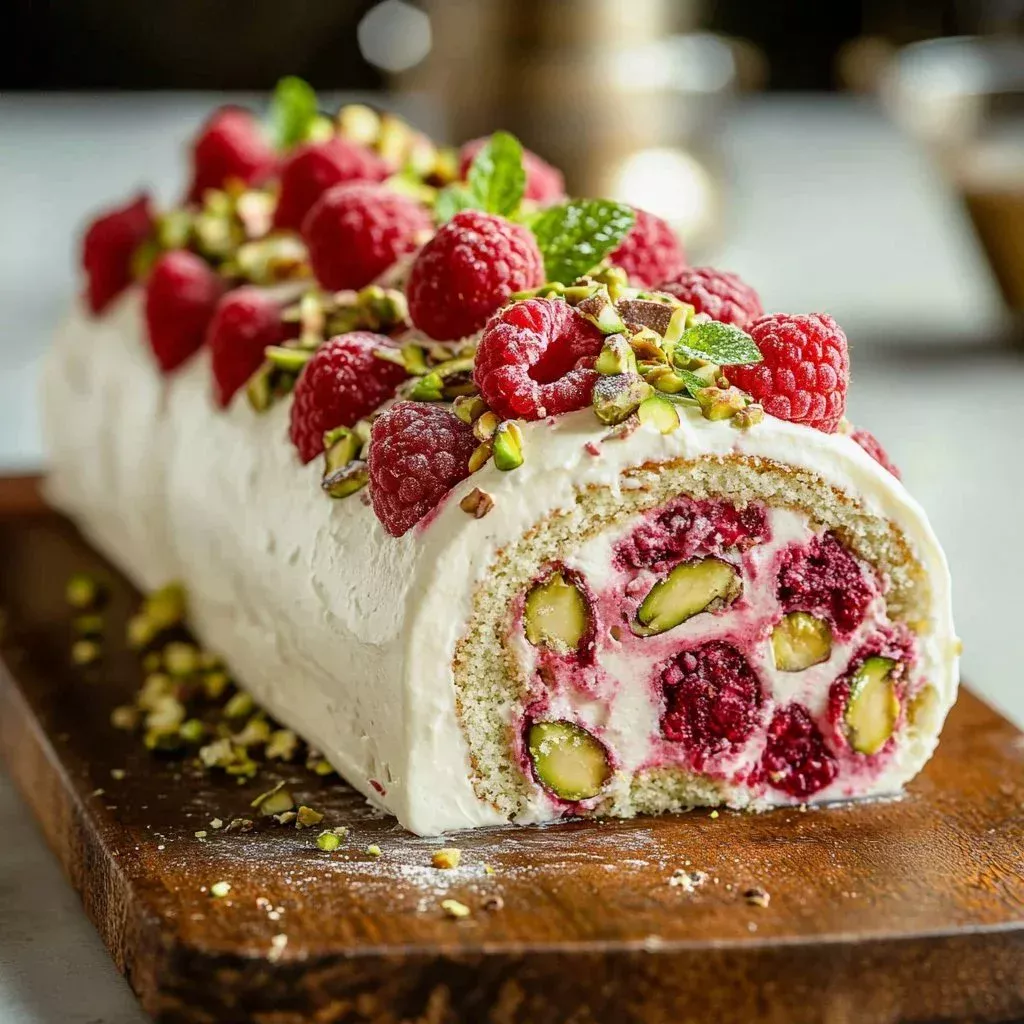 Delicious Raspberry Pistachio Swiss Roll garnished with fresh raspberries and pistachios.