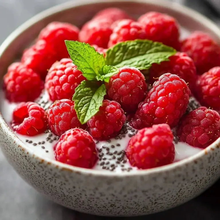 Delicious raspberry vegan chia pudding topped with fresh berries.