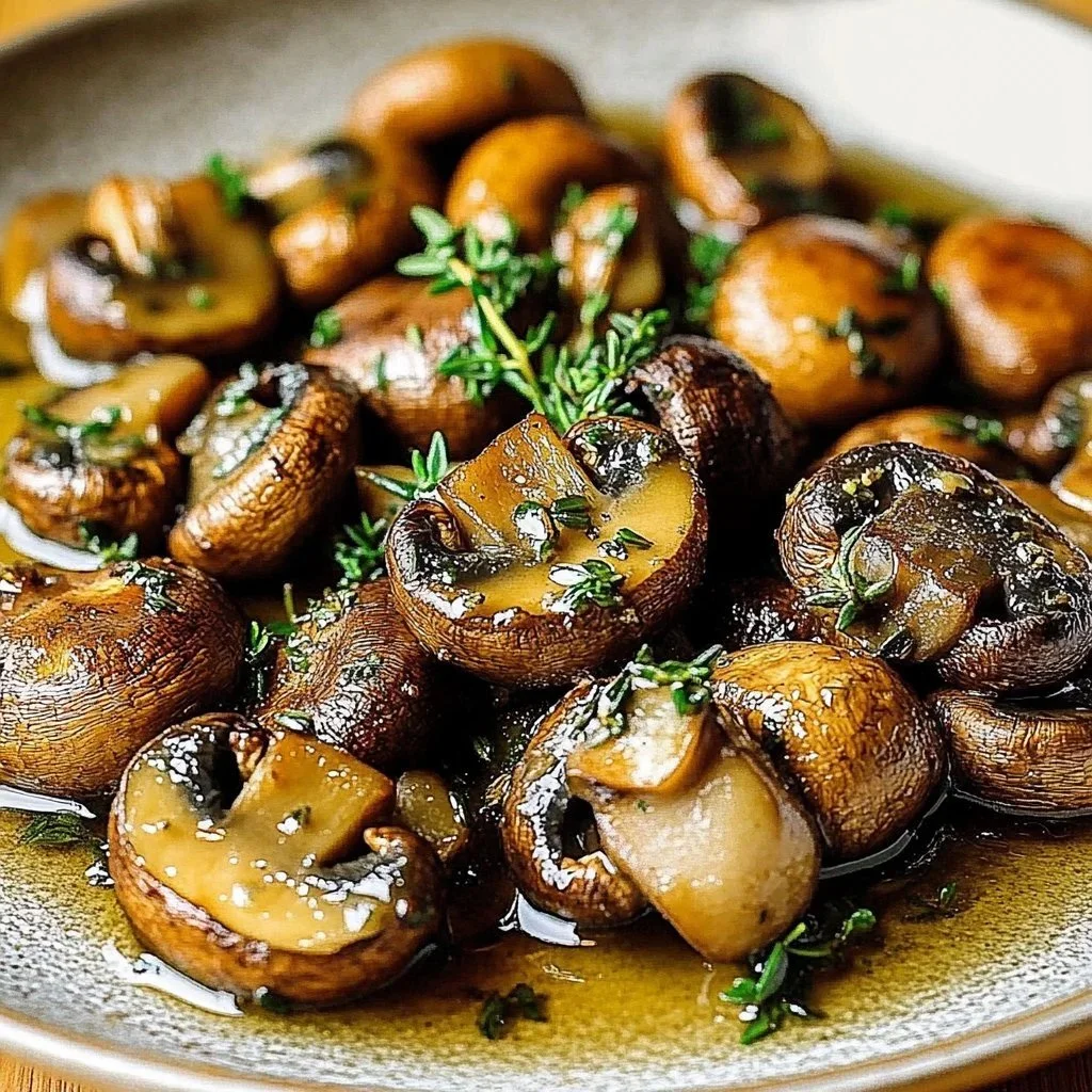 A plate of roasted mushrooms drizzled with garlic thyme butter, showcasing delicious flavors.