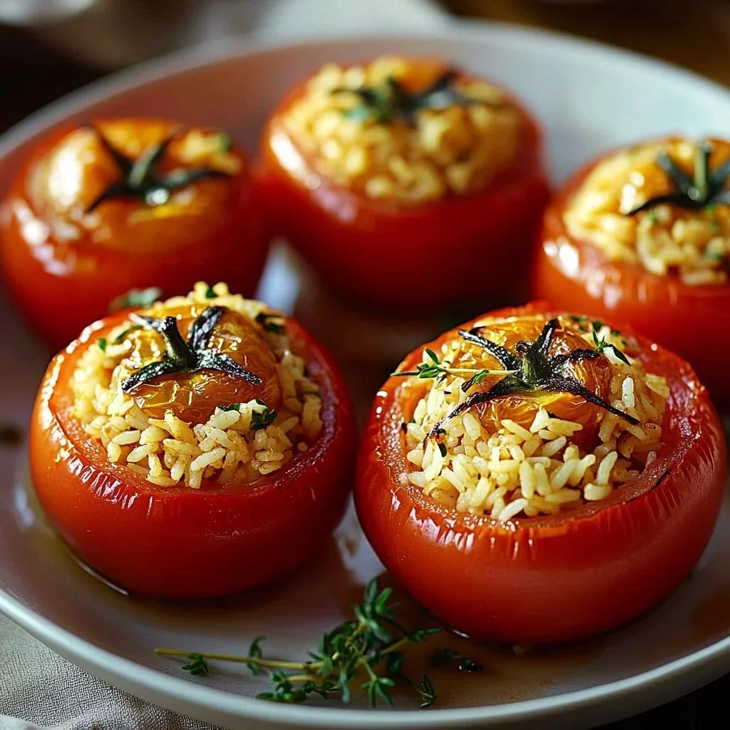 Delicious Roman rice stuffed tomatoes garnished and ready to serve.