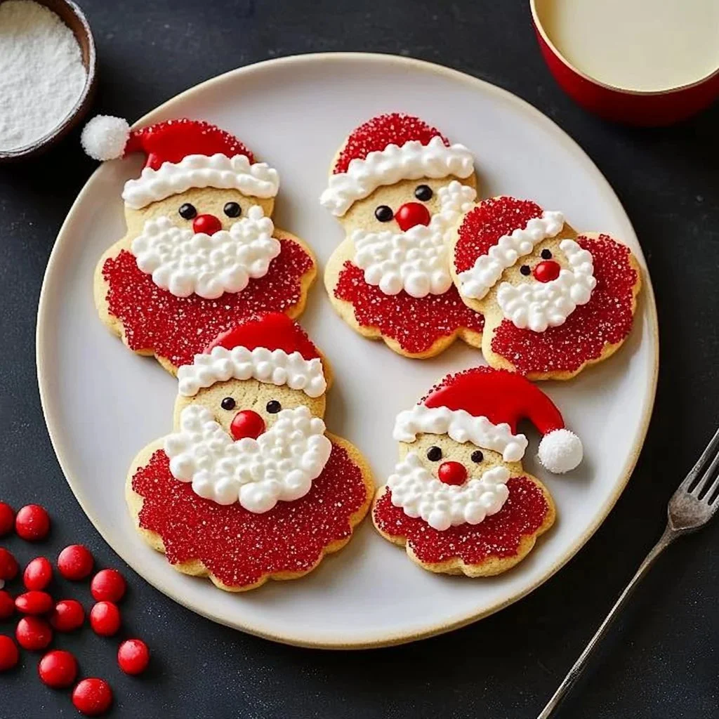Plate of decorated Santa Cookies for Christmas celebration