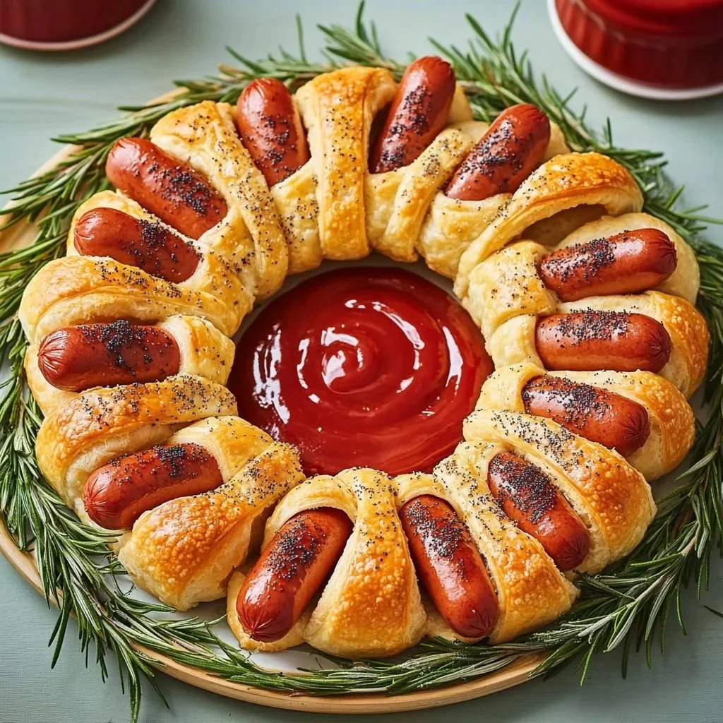 Savory Pigs in a Blanket Wreath ready to serve at a party