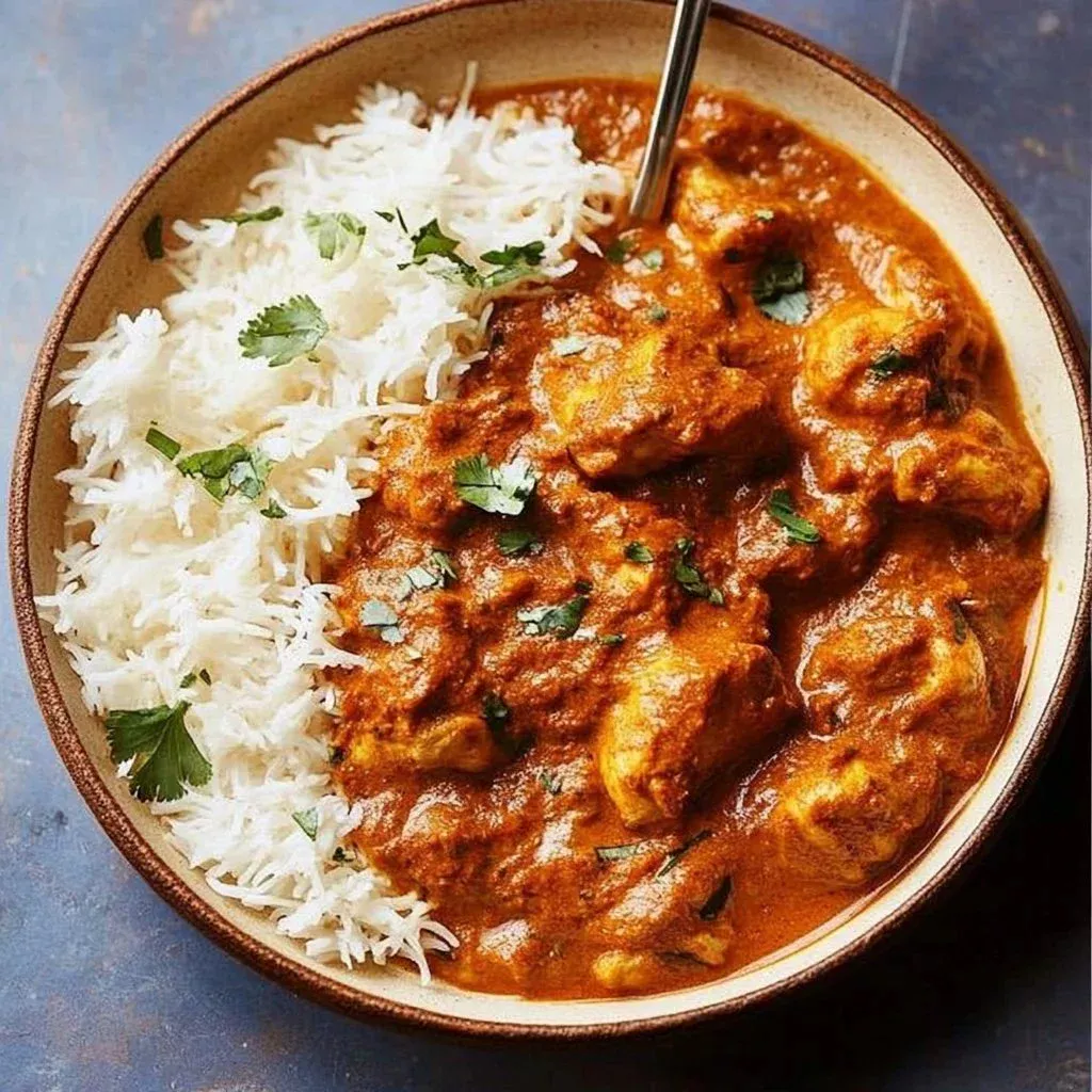 Delicious plate of savory tikka masala chicken garnished with herbs.