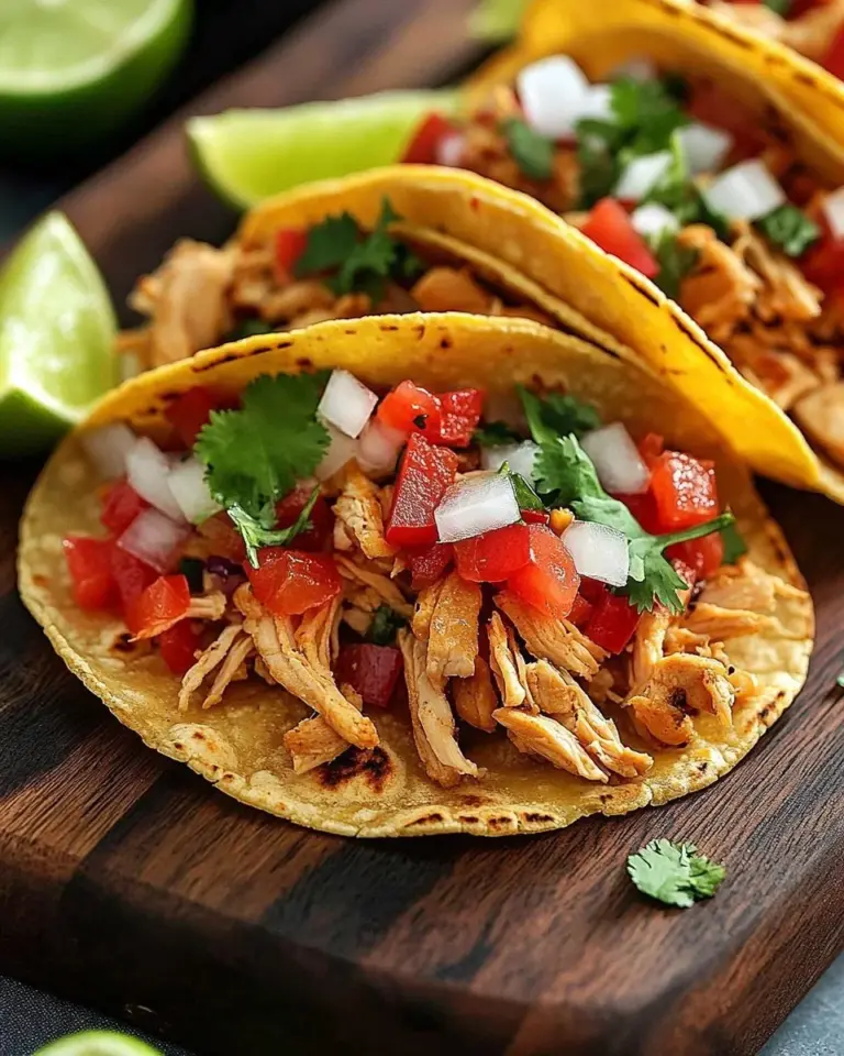 Delicious shredded chicken tacos topped with lime and fresh ingredients