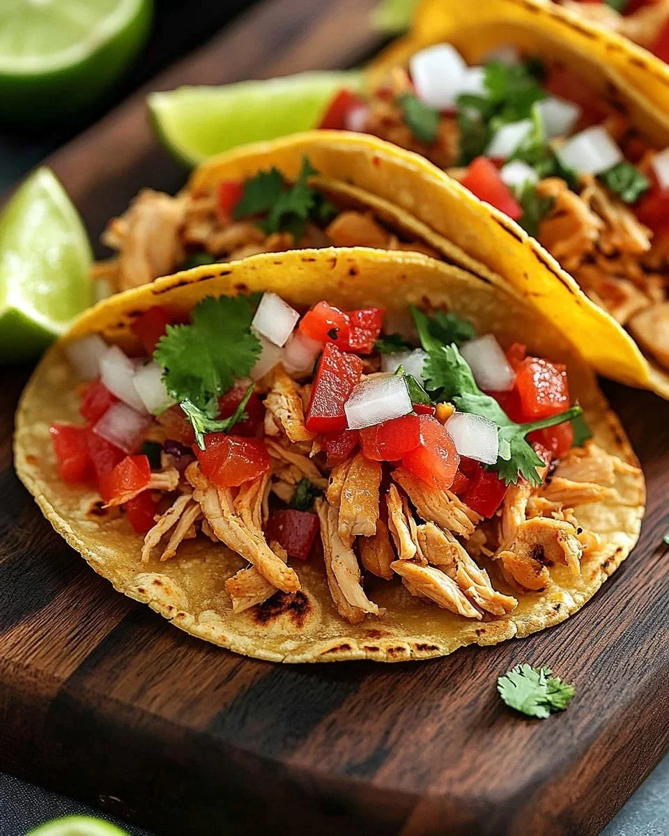 Delicious shredded chicken tacos topped with lime and fresh ingredients