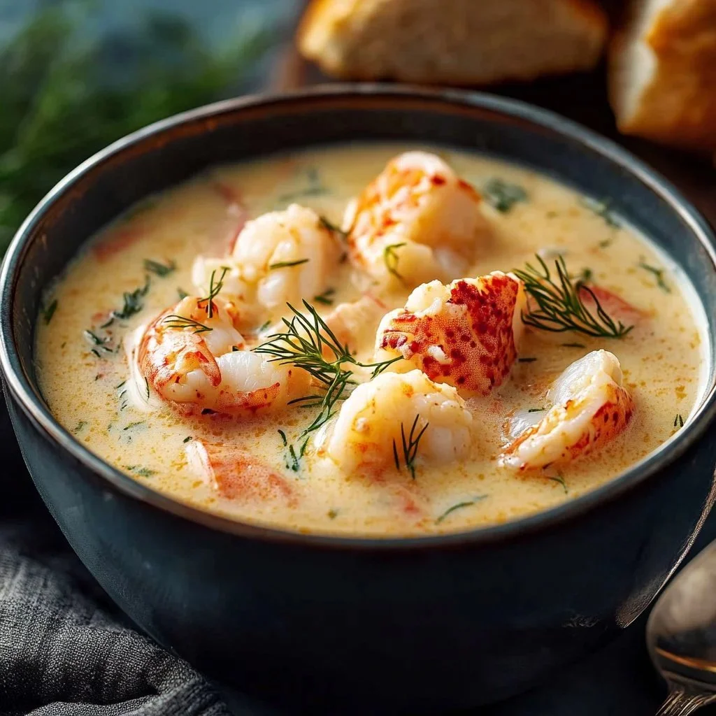 A bowl of silky seafood chowder topped with parsley and served with crusty bread.