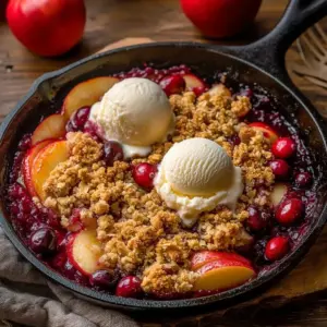 Simple apple cranberry crisp dessert with oats and fruits on a rustic table.