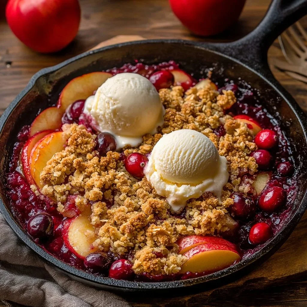 Simple apple cranberry crisp dessert with oats and fruits on a rustic table.