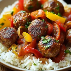 Delicious Sizzling Sausage Rice Fiesta served in a colorful dish with herbs and spices.
