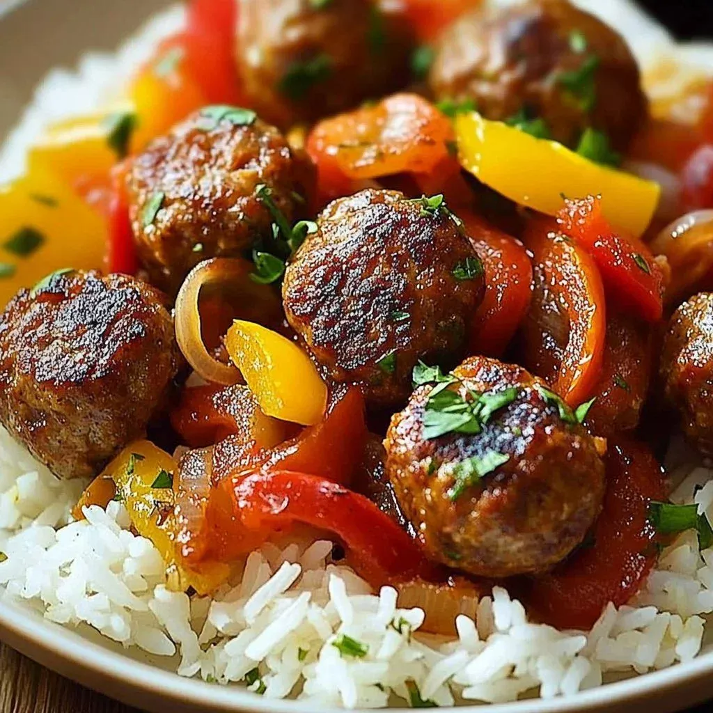 Delicious Sizzling Sausage Rice Fiesta served in a colorful dish with herbs and spices.