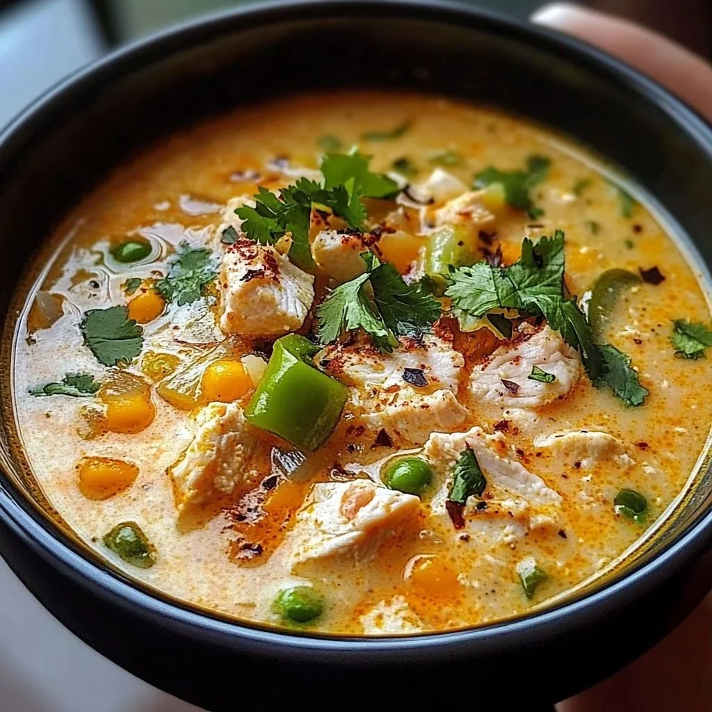 Smoky jalapeño popper grilled chicken soup in a bowl with toppings